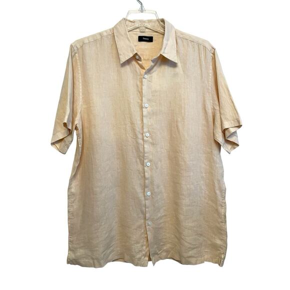 Theory Irving Short Sleeve 100% Linen Button Up Shirt Men Size Large Beige‎ NWT